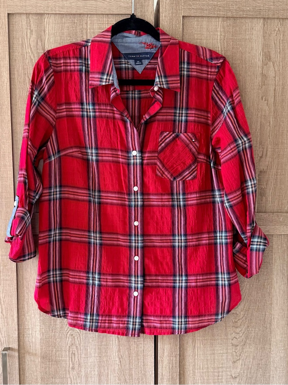 Tommy Hilfiger DAMAGED Red Plaid Button-Down Shirt SZ.S